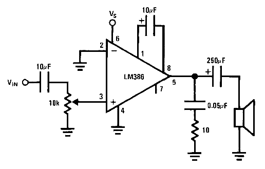 利用 LM386 芯片连接外部组件形成的音频放大器电路。