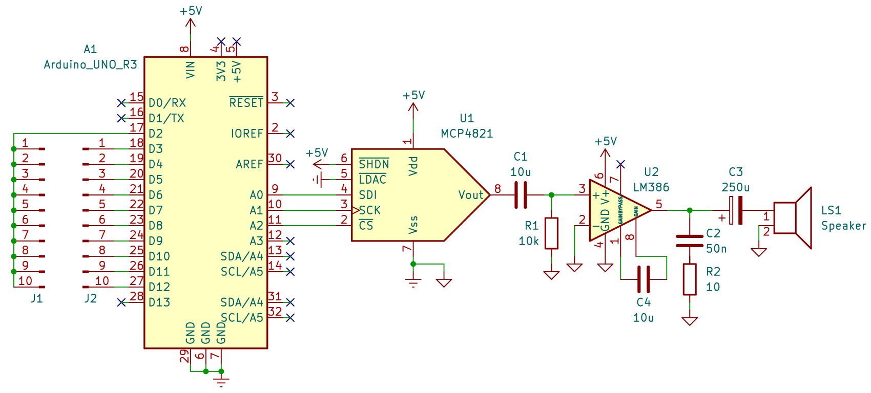 电路原理图，Arduino 依次连接 MCP4821、LM386、扬声器，中间带有几组滤波电路。