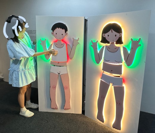 教科书形状展板上的两个孩子图案，当伸手触摸时，身体部位周围亮起不同颜色的灯光。