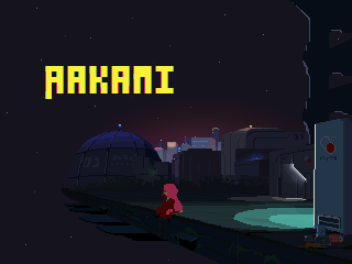 Cover art of the game; a girl in a red cloak sitting on the floor with her back to a vending machine, with a cyber-styled city skyline in the distance.