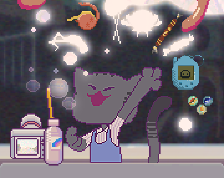 Cover art of the game. A kitten stands behind a table, an arm raised, surrounded by floating bubbles and an assortment of items including candies, glass marbles, etc. On the table sit a plastic bottle and a camera.