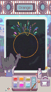 Game screenshot, an “Orange” painted by bubbles is guessed correctly by the kitten; confetti fly in the air.
