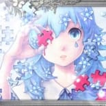 Illustration for the song. A girl putting the puzzle together holds a piece in front of her eyes. The piece melts and flows, and a tear falls from the girl’s eye.