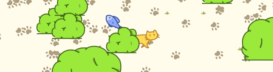 Cover art of the game; a kitten walking among the bushes; on the ground scatters lots of paw prints of cats.