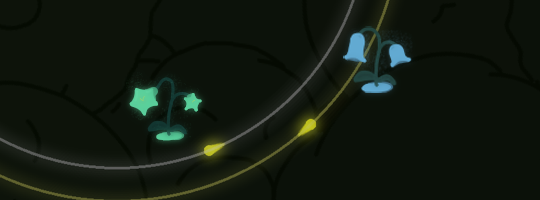 Cover art of the image; two bell-shaped flowers glimmering in the darkness, with two fireflies flying along circular tracks among them.