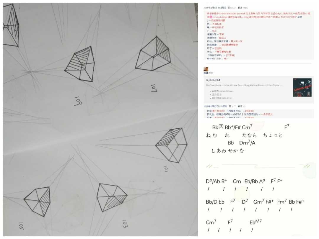 拼图：绘制的立方体；豆瓣广播内容存档截图；和弦谱截图。