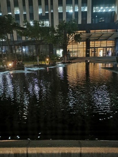 与池岸同高的水，波纹中映出建筑与路灯的倒影。