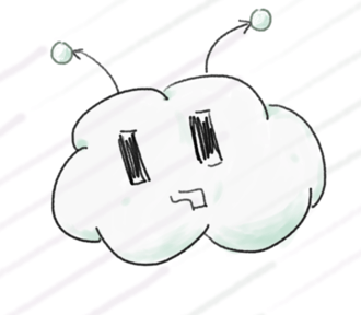 A cloud with rectangular-shaped eyes like a cursor and tentacles resembling neural network diagrams on top of its head.