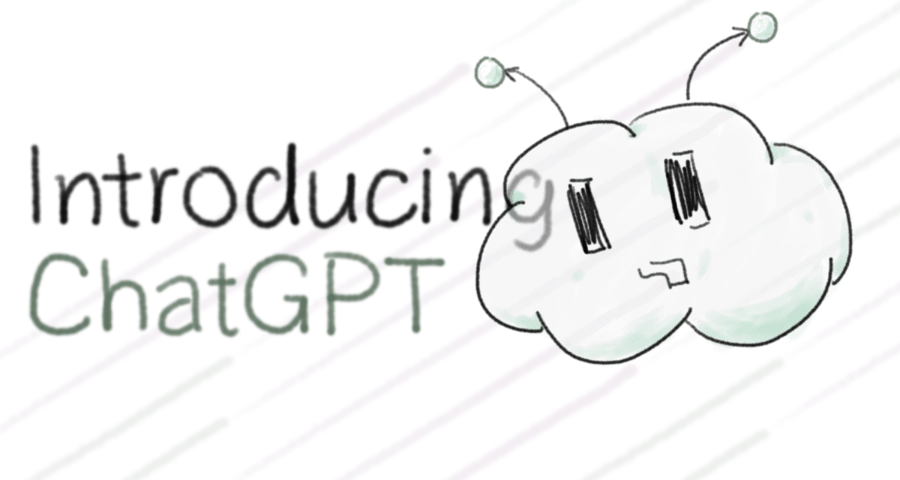 A cloud with rectangular-shaped eyes like a cursor and tentacles resembling neural network diagrams on top of its head. The background contains the words “Introducing ChatGPT” and purple and green gradient lines.