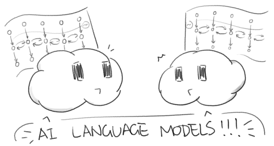 Two clouds facing each other, each carrying a flag with a diagram of neural networks, happily saying in unison the words “AI language models”.