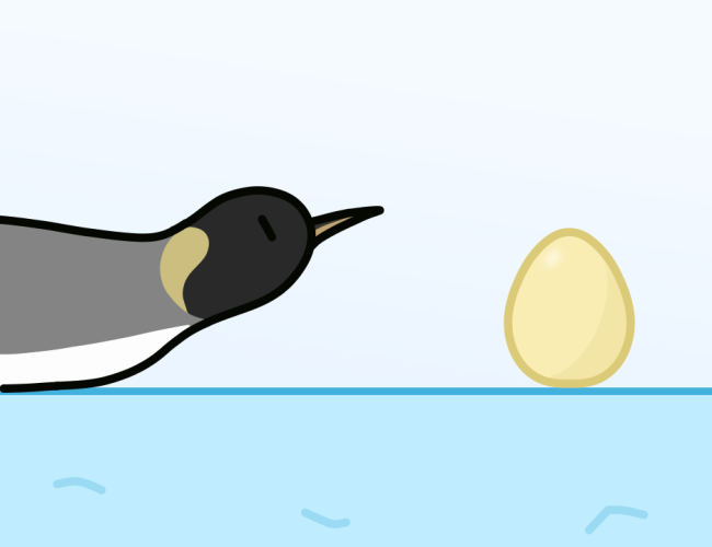 Cover art of the image; a penguin lying face down on the ice, with an egg in front of it.