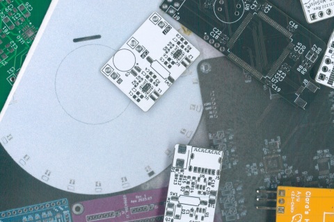 Circuit boards of various colours stacked together with their own scan images.