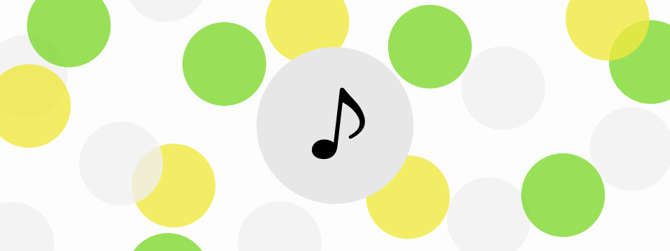 A circle containing a quaver symbol, among lots of green, yellow, and grey solid circles.