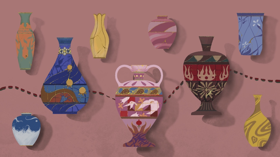 谜题选择界面上的陶瓷花瓶与形状各异的小瓶。