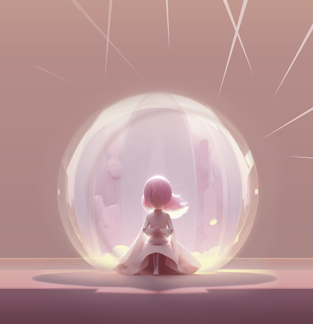 A pink-haired girl in a bubble-shaped translucent shield, surrounded by spikes outside.
