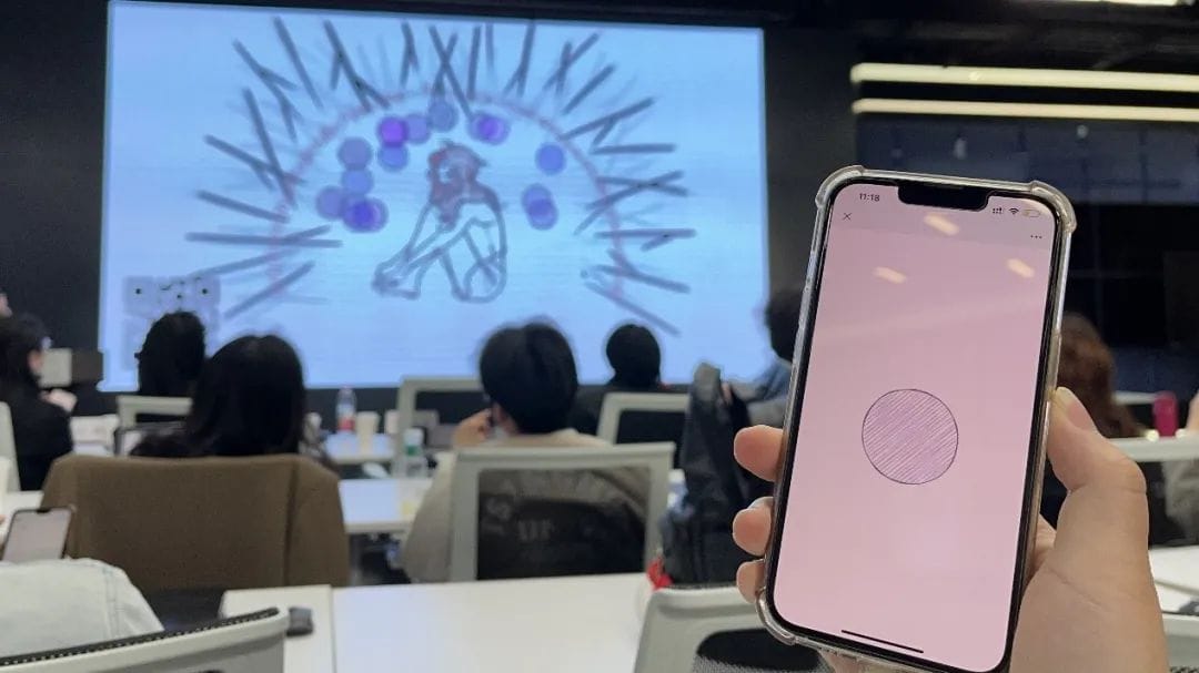 A smartphone with a circular-shaped light spot depicted on the screen; in the background is a large screen with an illustration of a girl surrounded by a bubble-shaped shield and spikes.