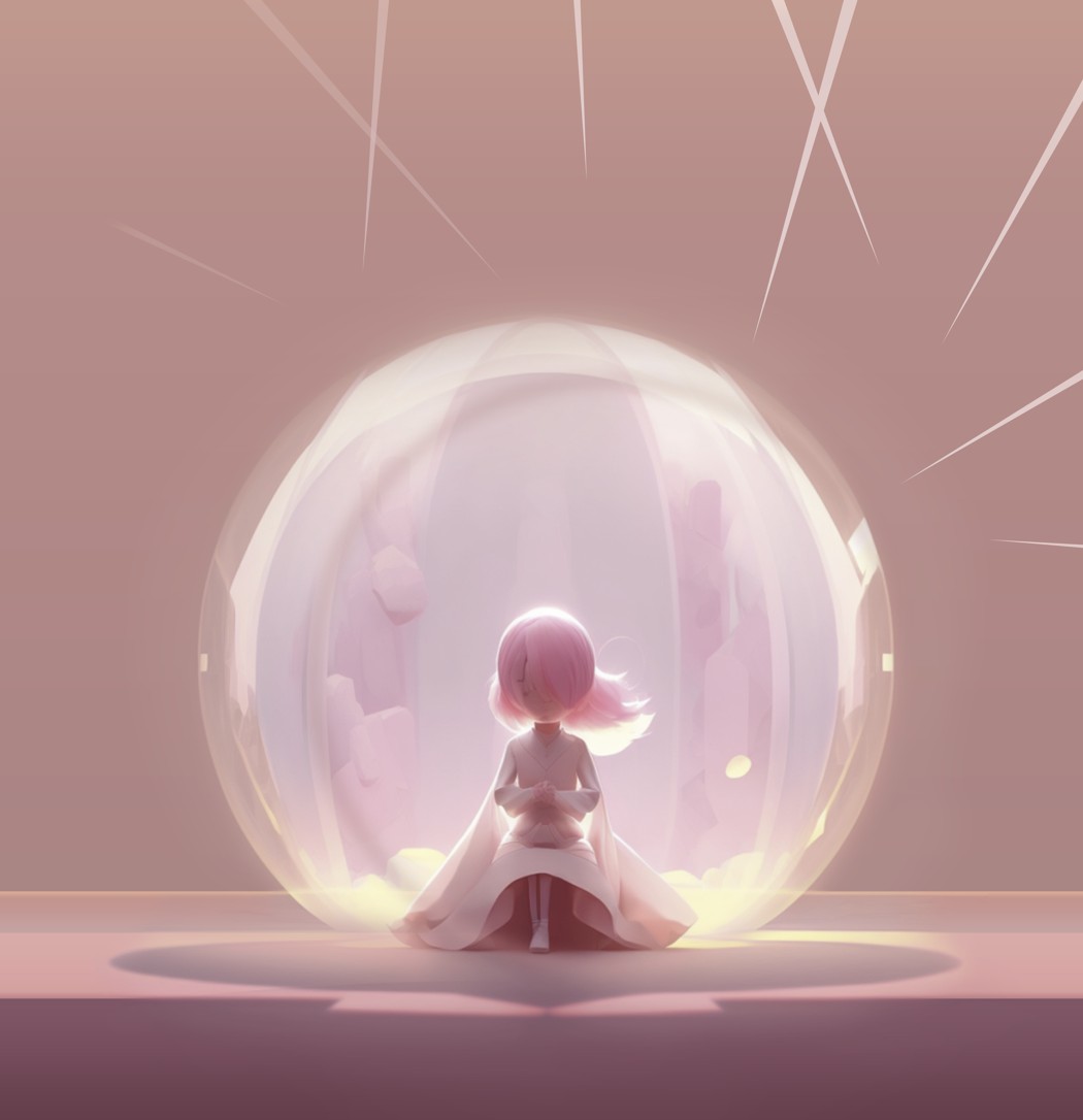 被泡泡形状的透明保护罩包围的粉色头发女孩，被外面的尖刺环绕。