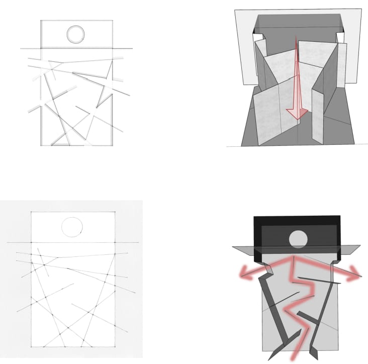 Illustrated analyses of the floor plan, including space design considerations and illustrations of the visitors’ routes.