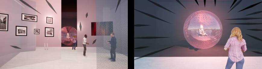 Computer-rendered scenes of the space and visitors inside.