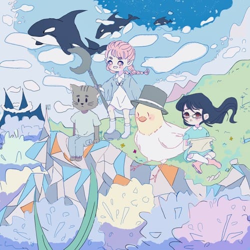 Cover of the album. Four protagonists: a cat, a witch, a bird, and a human, sitting on a cliffside meadow surrounded by colourful bushes, mountains, aquatic plants, clouds, and whales.