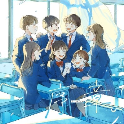 Cover illustration of the song. Students in a high school classroom gathering for group photos, with smiles brimming on their faces. Handwritten title, “Prologue”, overlays in the bottom-right corner.