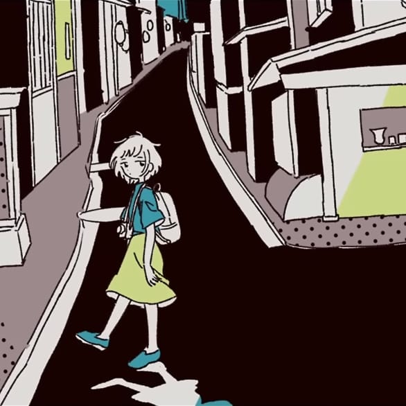 Image from the music animation. A girl walking alone on the street with a backpack and a camera. Illustrated by Mitsuki Sanagi.