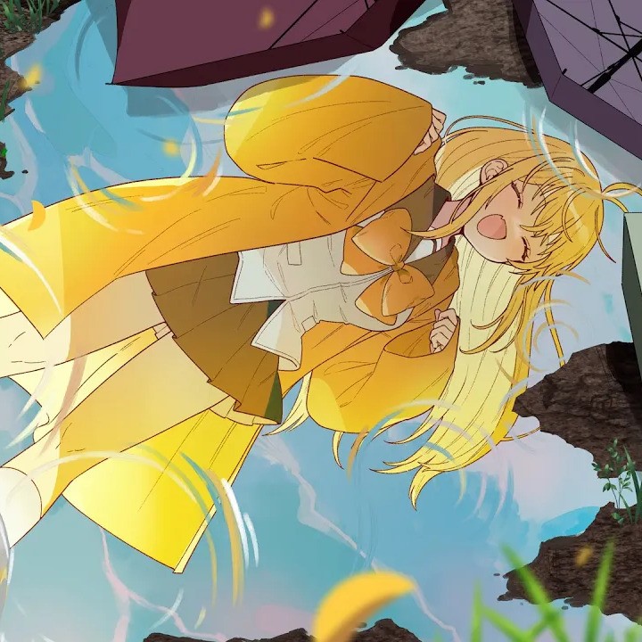 Image from the music animation. Reflection of a yellow-haired girl in a yellow raincoat (Tsurumaki Maki) in a small puddle on the grass after the rain.