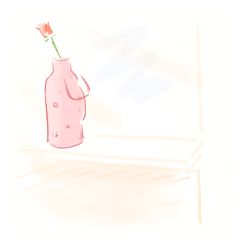 A rose in a pink water bottle on the windowsill.