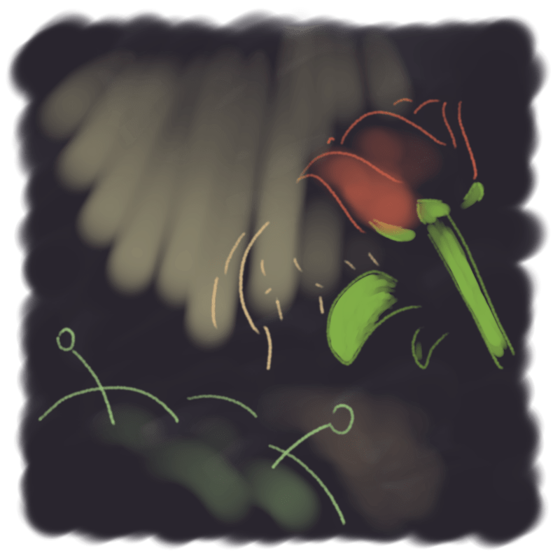 Under the light of a desk lamp late at night, a rose watches a worried girl facing a green cloud.