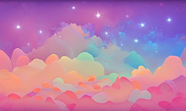 Colourful clouds under a lilac-coloured sky with twinkling stars.
