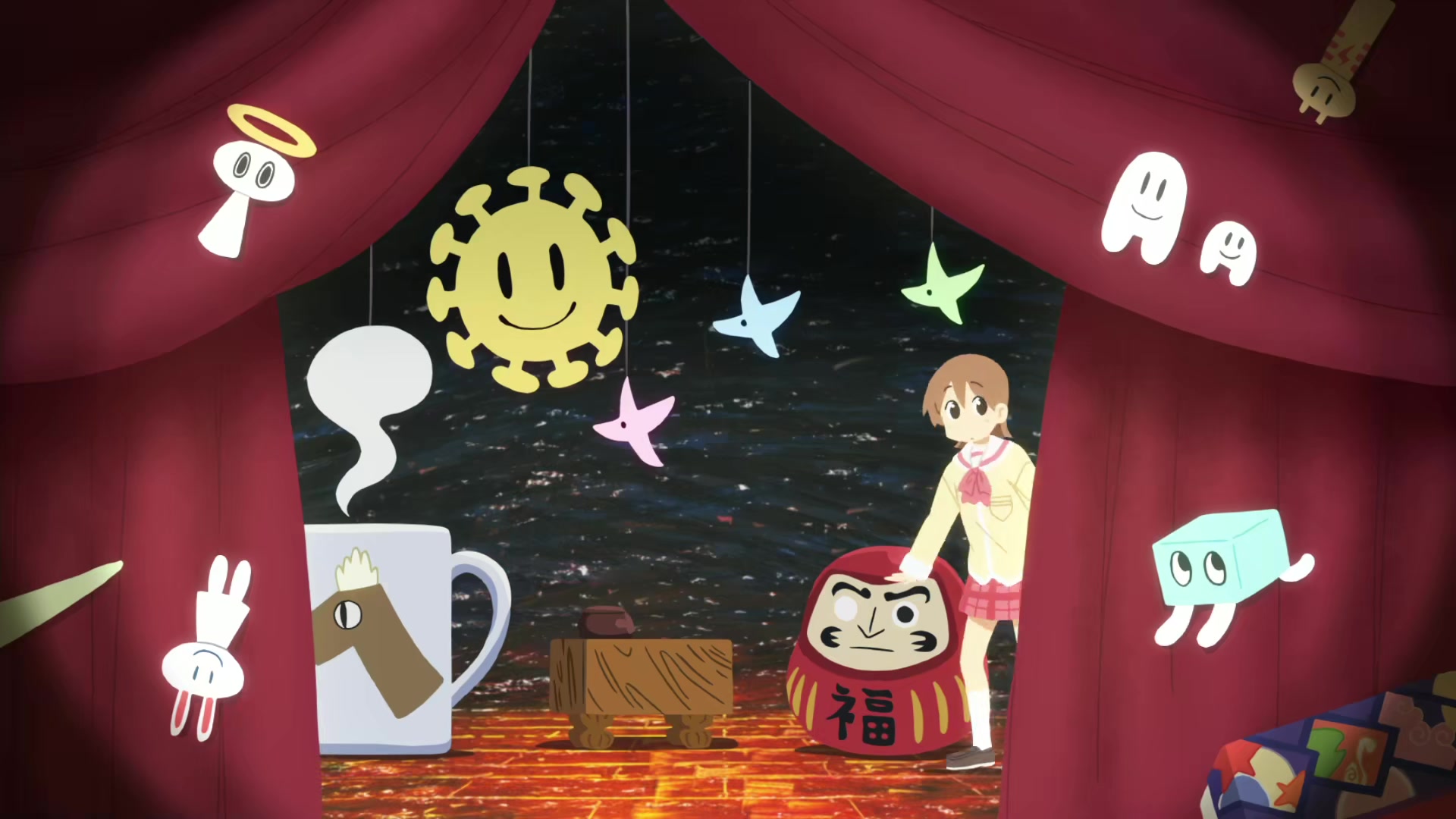 Footage from the ending animation; on a stage decorated with clip art, Yuuko, one of the main characters, peeks out hesitantly from behind the curtain.