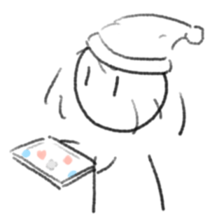 A girl carrying a tray with blue, pink, and off-white pebbles of various shapes.