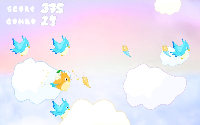 游戏截图。粉色天空、彩色云朵背景下，一只橙色小鸟随着鸟群飞行，追随前方小鸟留下的羽毛。