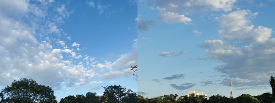 左右拼图。蓝色天空中的高积云与淡积云。