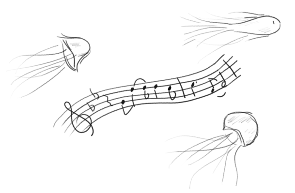 游动的水母和鱼儿，围绕着钟琴独奏段落的乐谱。