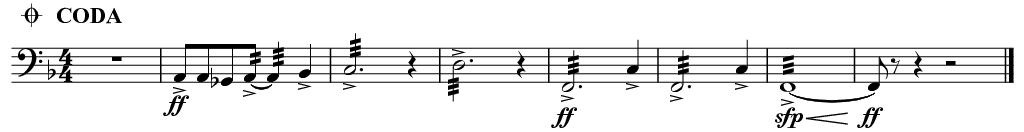 定音鼓乐谱段落，前四小节中使用了 6 个不同的音。