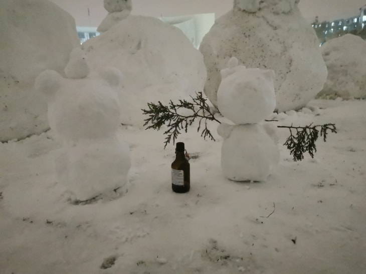 两个小雪人面前放着一只酒瓶。