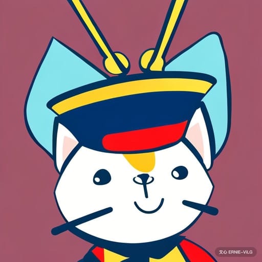 卡通漫画，猫咪的帽子上有两根鼓槌摆成敲打的姿态。