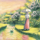 歌曲封面，油画，撑伞的女子行走在花朵盛开的河边。