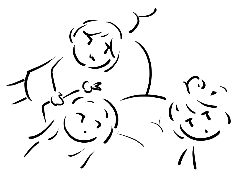 三人躺在床上的自拍简笔画，其中一人抓握住另一人正在比出剪刀姿势的手；余下一人在右下角，头顶的头发呈弯曲形状。