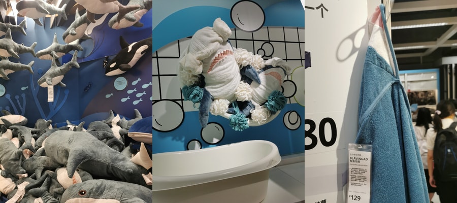 水平排列的三张照片。(1) 堆放的鲨鱼毛绒玩具；(2) 洗澡的鲨鱼；(3) 鲨鱼款式的毛毯。