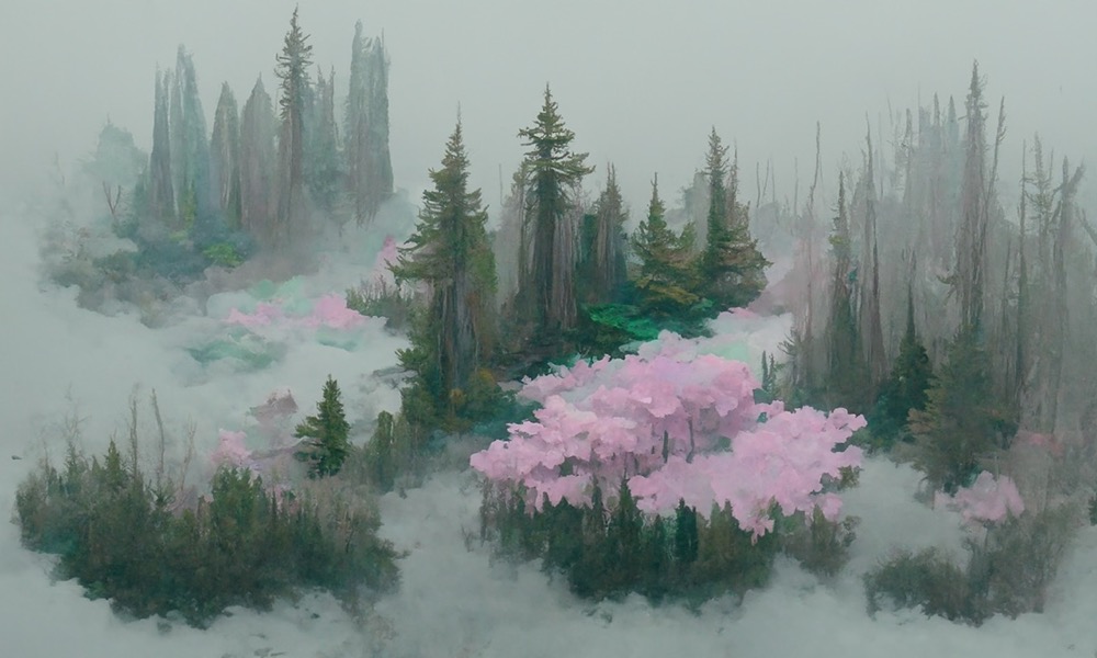 薄雾笼罩的高耸树木间点缀着些许粉红色的花丛。