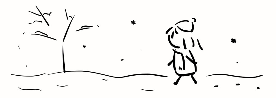 线条绘画，在雪地里独自行走的女孩。