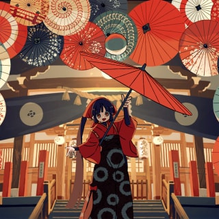 Cover of the song. In front of a Japanese style building, a long-haired girl in red kimono holds an oil-paper umbrella supporting a spinning ball.