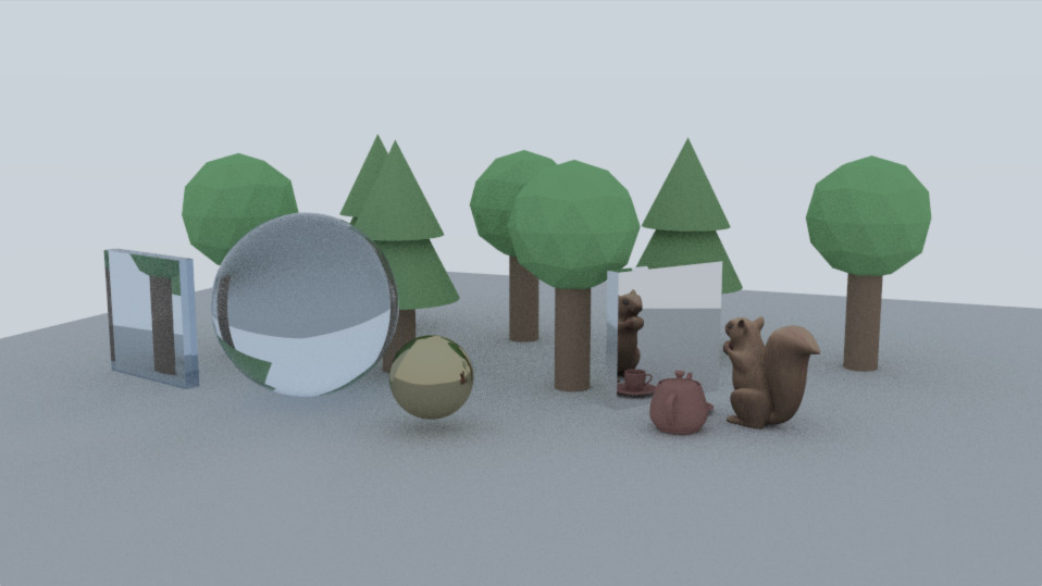 Computer rendered image: trees of low-poly style with a squirrel and many objects scattered among them.