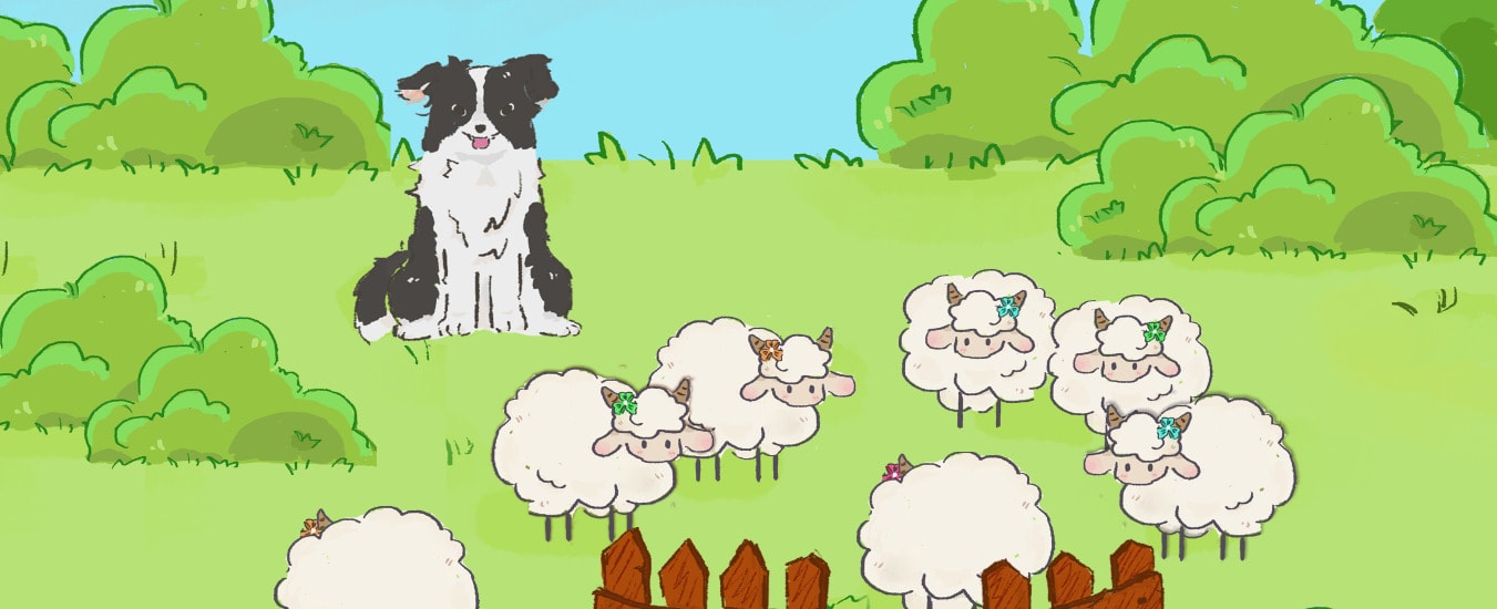 游戏封面图；一群小羊在草坪上围成一圈，牧羊犬在一旁望着它们。