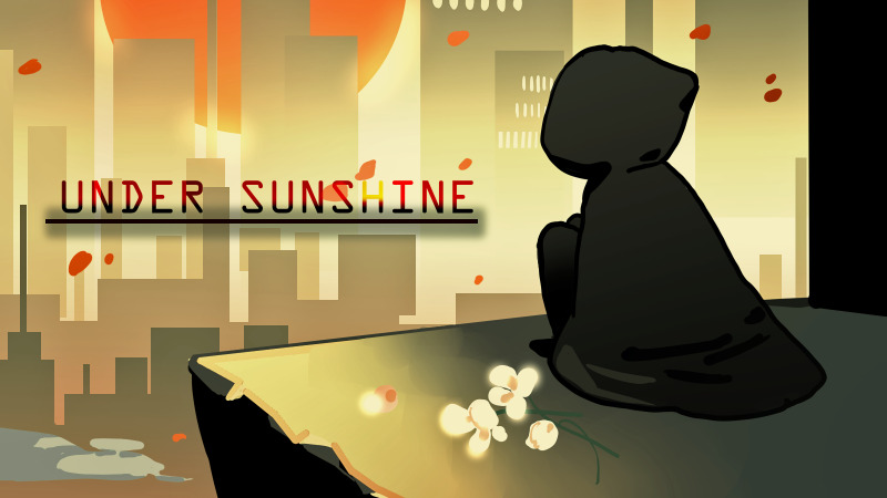 游戏封面图；黑色斗篷下的吸血鬼坐在阴影中，凝望着远方城市高楼中的阳光。