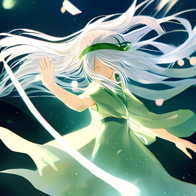 A girl with long white hair reaching out to the flowing lights in the air.